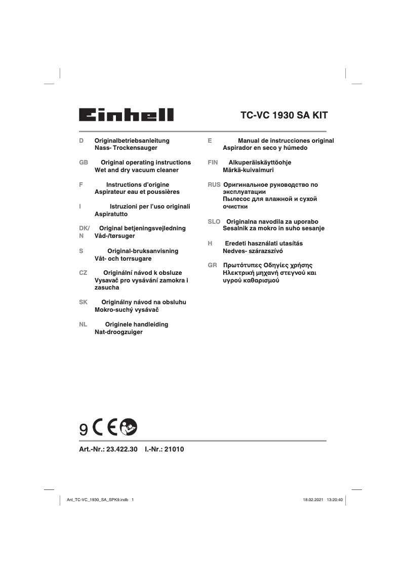Page n°1 - Manuel utilisateur Einhell TC-VC 1930 SA Kit