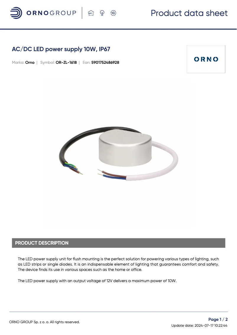 Page 1 de la notice Fiche technique ORNO OR-ZL-1618