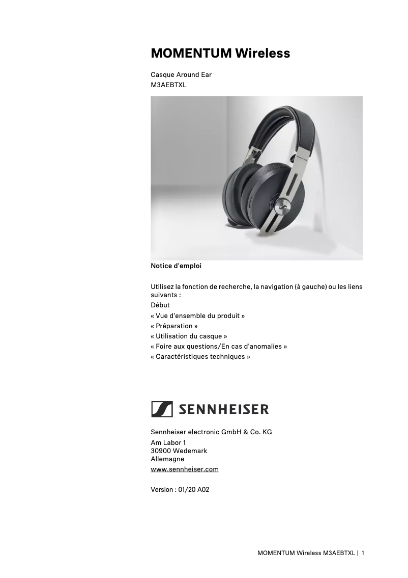 Page 1 de la notice Manuel utilisateur Sennheiser Momentum Wireless