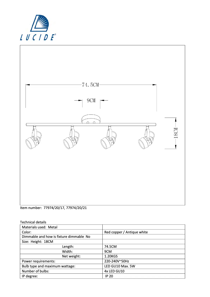 Page 1 de la notice Manuel utilisateur Lucide Cigal 77974/20/21