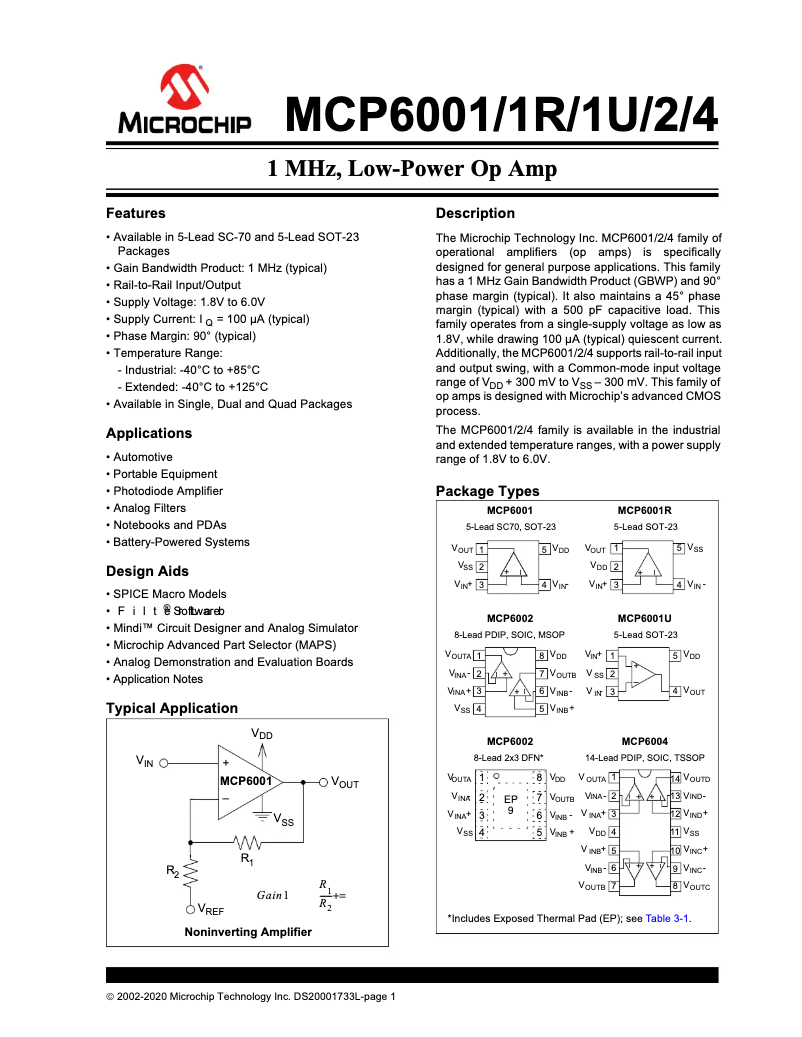 Page 1 de la notice Fiche technique Microchip MCP6001
