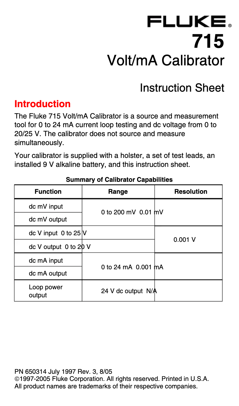 Page 1 de la notice Instructions / montage Fluke 715