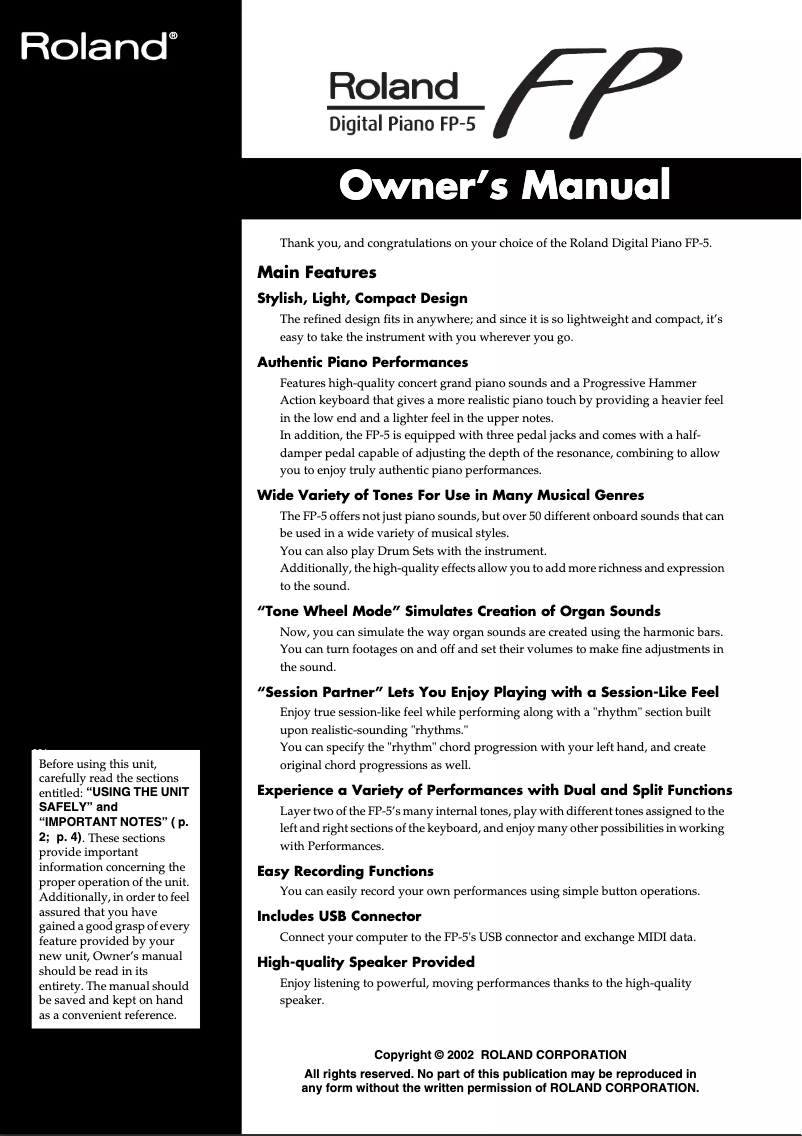 Page 1 de la notice Manuel utilisateur Roland FP-5