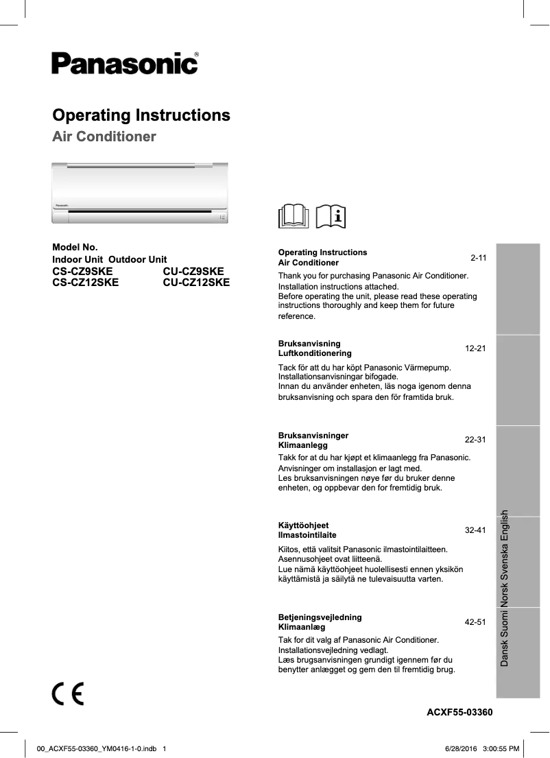 Página 1 del manual Manual de usuario Panasonic CU-CZ12SKE