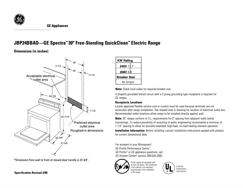Page 1 of the manual Technical Sheet GE JBP24BBAD