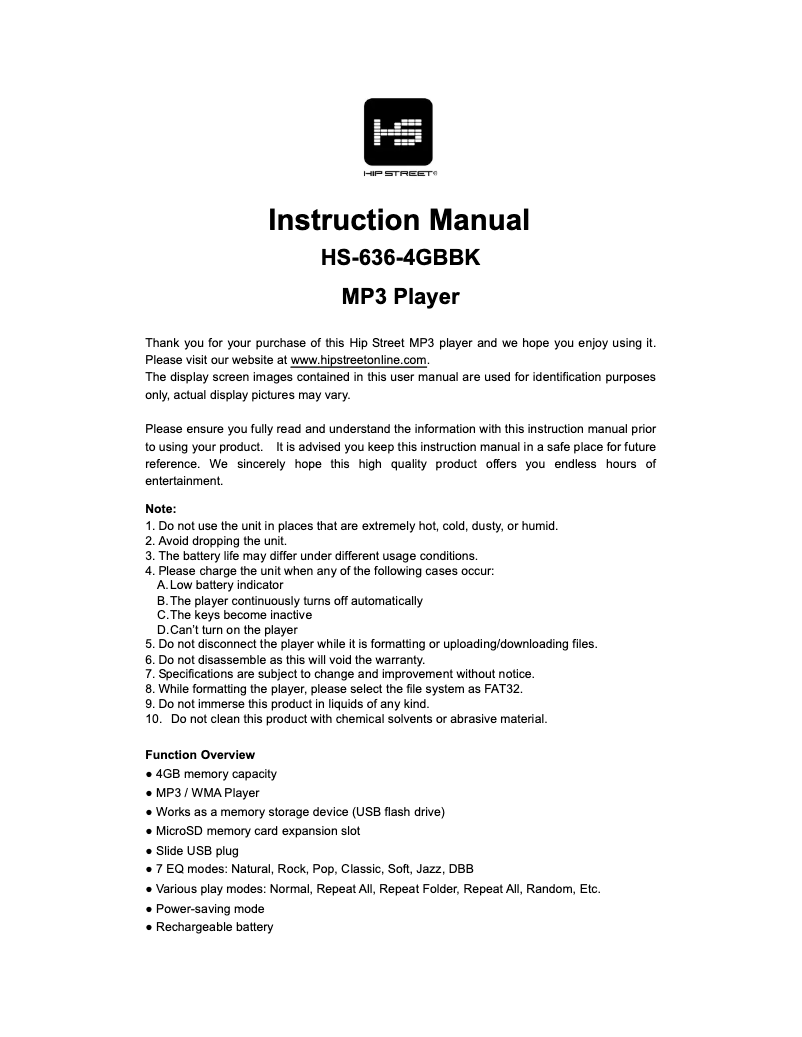 Page n°1 - Manuel utilisateur Hipstreet HS-636