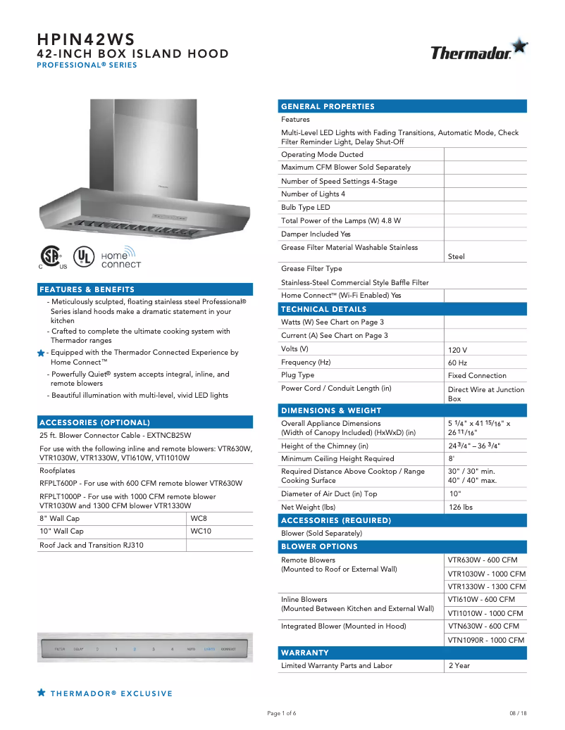 Page 1 de la notice Fiche technique Thermador HPIN42WS