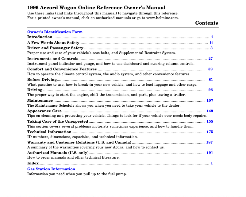 Page 1 de la notice Manuel utilisateur Honda Accord Wagon (1996)