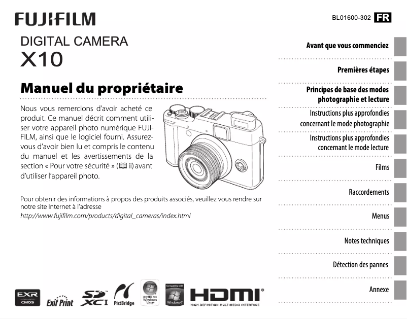 Page 1 de la notice Manuel utilisateur Fujifilm Finepix X10