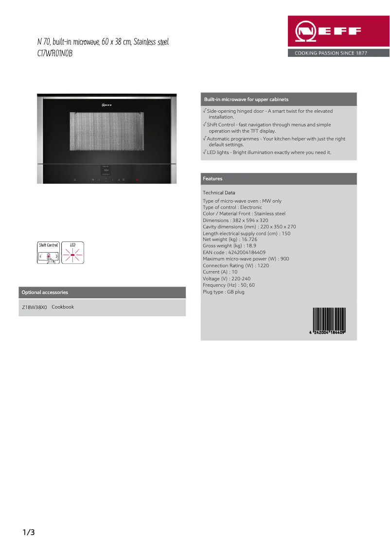 Page 1 of the manual Technical Sheet Neff C17WR01N0B