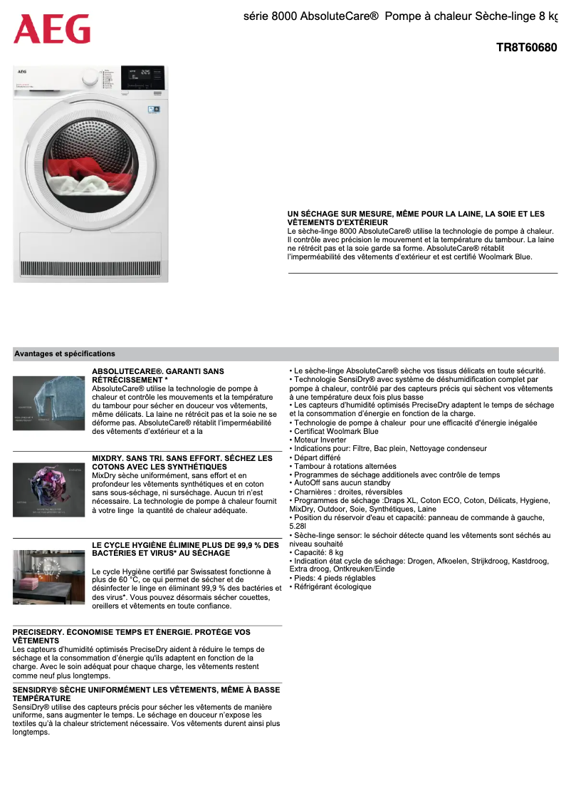 Page n°1 - Fiche technique AEG TR8T60680