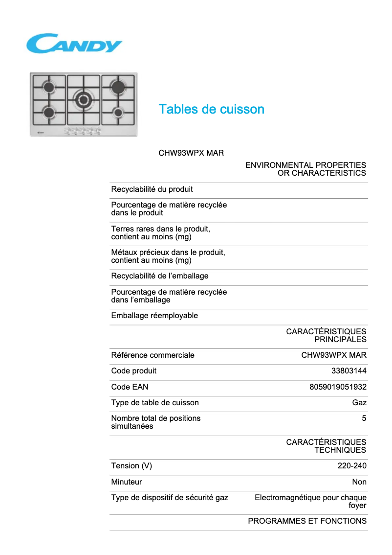 Page 1 de la notice Fiche technique Candy CHW93WPX MAR
