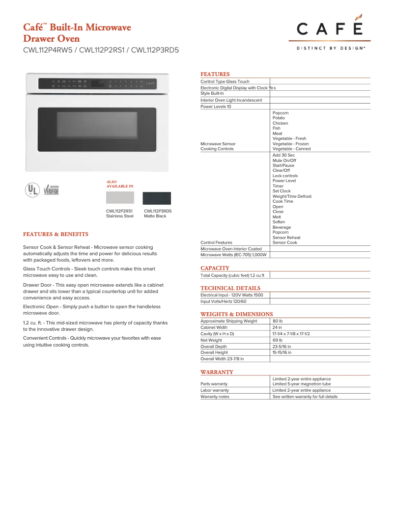 Página 1 del manual Ficha técnica GE Café CWL112P4RW5