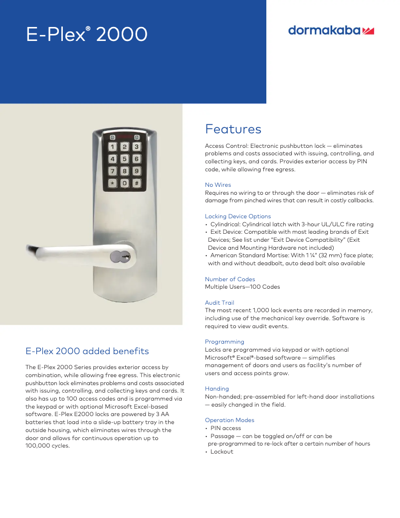 Page 1 de la notice Fiche technique Dormakaba E-Plex 2000