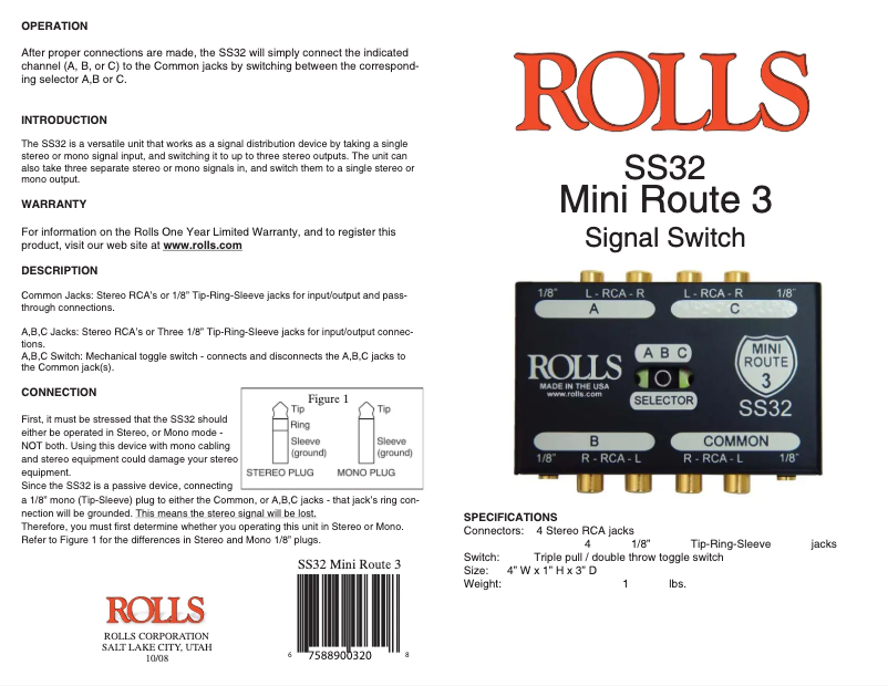 Page 1 de la notice Manuel utilisateur Rolls Mini Route 3 SS32