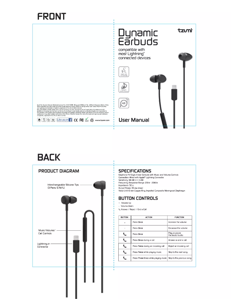 Page 1 de la notice Manuel utilisateur Tzumi Dynamic Earbuds