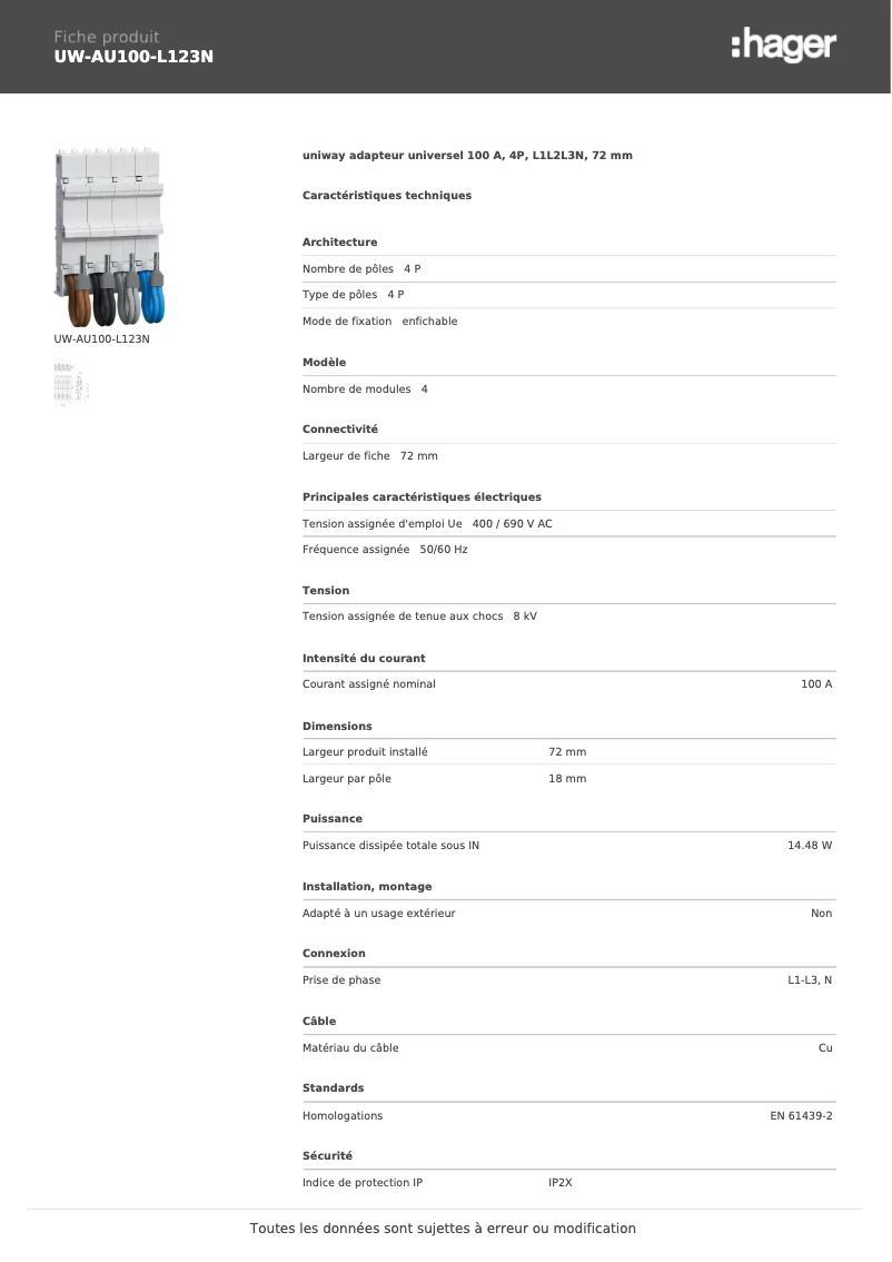 Page 1 de la notice Manuel utilisateur Hager UW-AU100-L123N