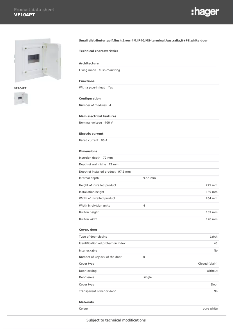 Page n°1 - Fiche technique Hager VF104PT