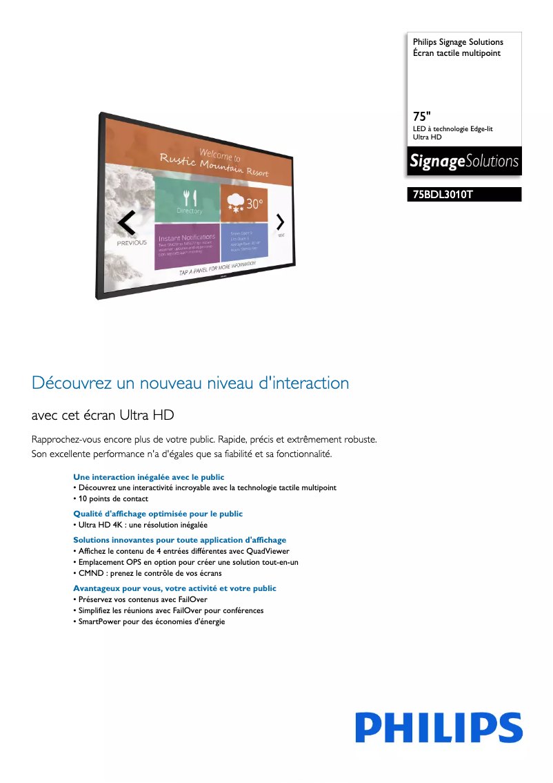 Page 1 de la notice Fiche technique Philips 75BDL3010T