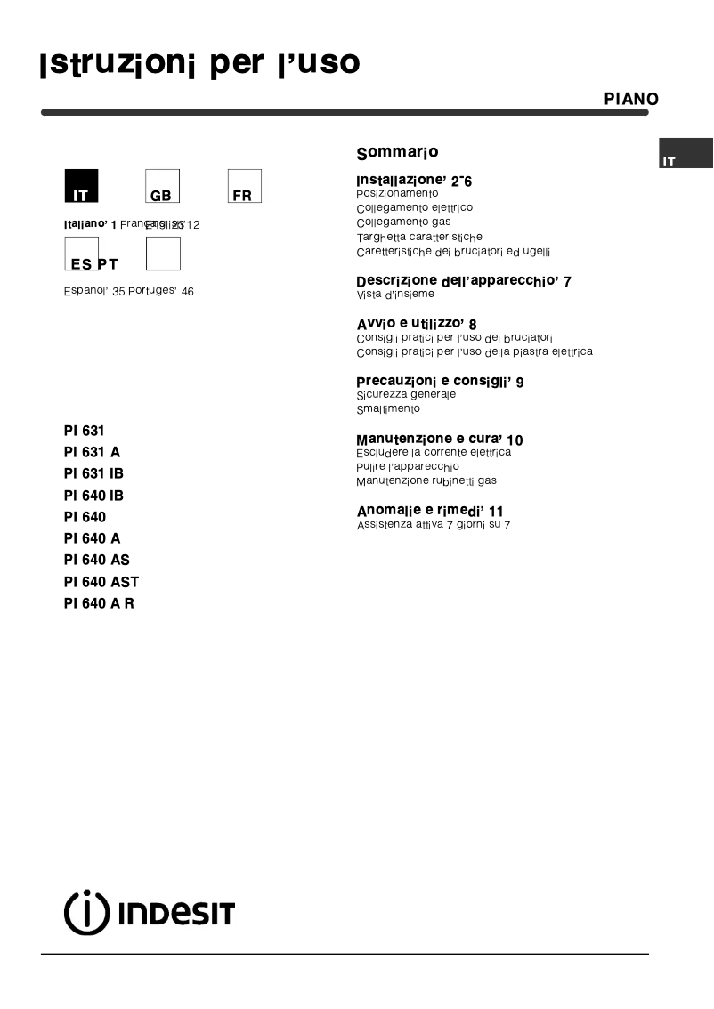 Page 1 de la notice Manuel utilisateur Indesit PI 640 A ANR