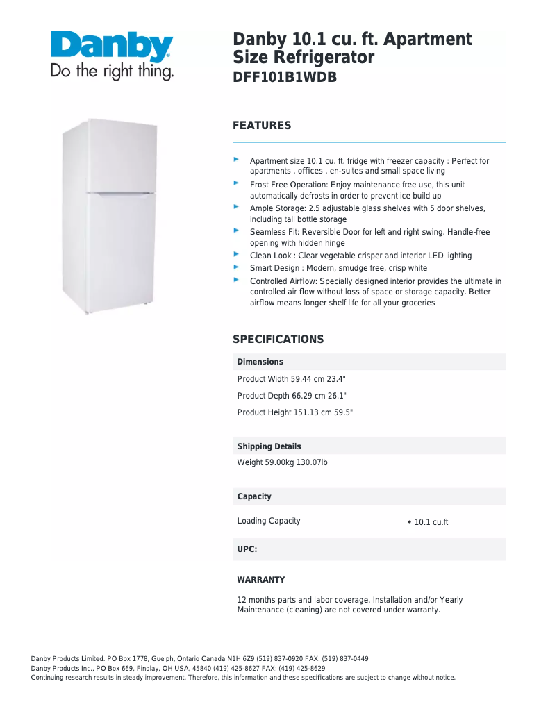Página 1 del manual Ficha técnica Danby DFF101B1WDB