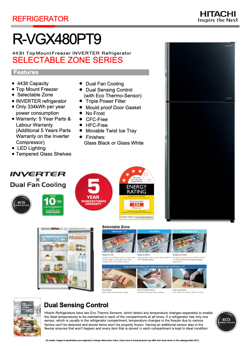 Page 1 de la notice Fiche technique Hitachi R-VGX480PT9