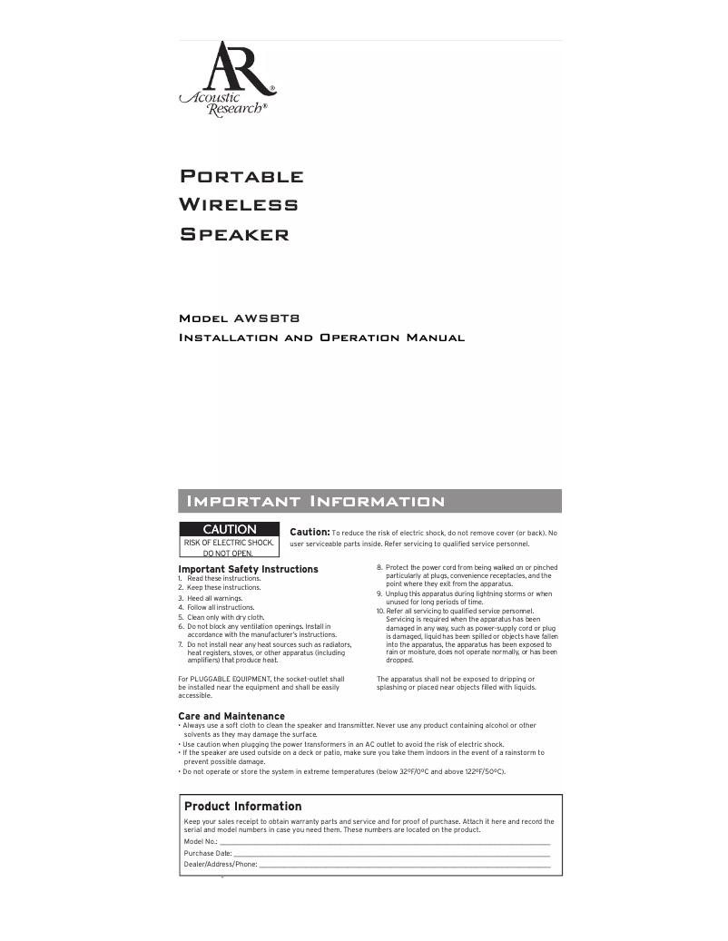 Page 1 de la notice Manuel utilisateur VOXX AWSBT8