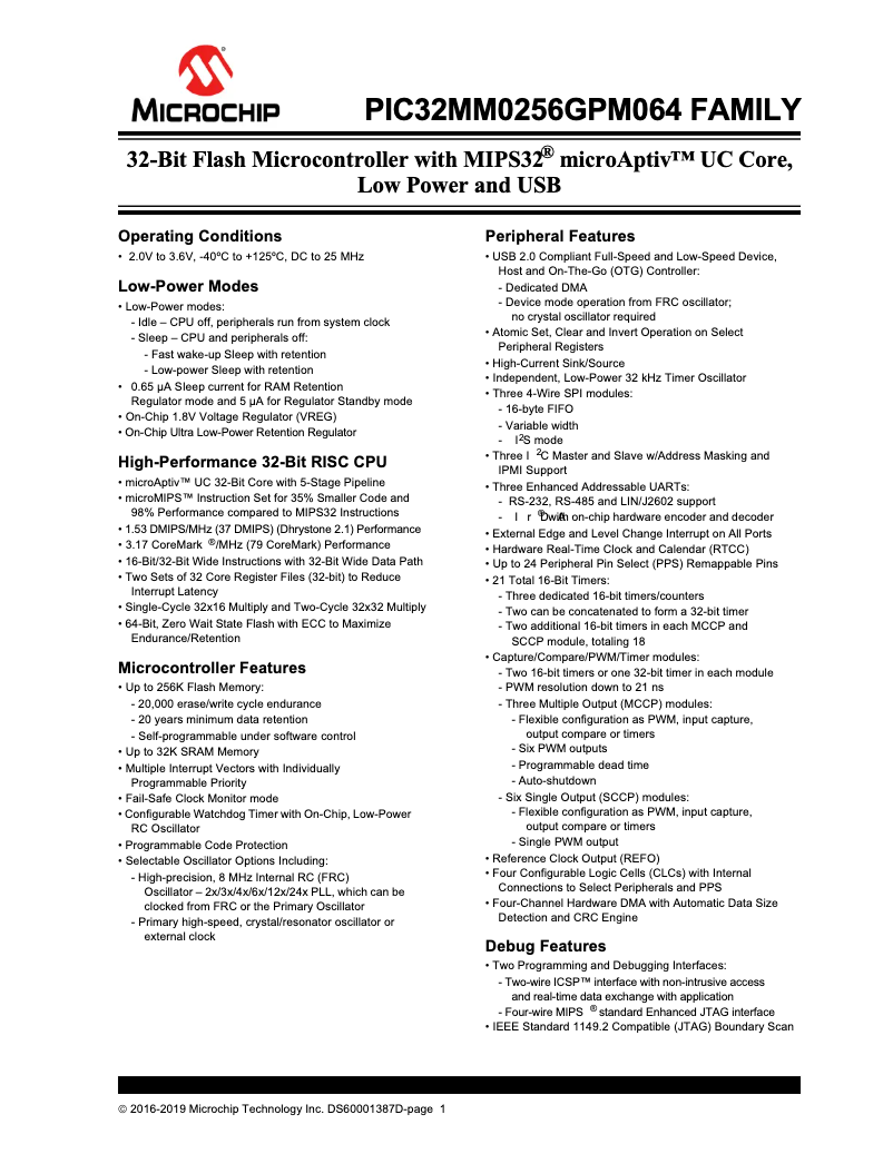 Page 1 de la notice Fiche technique Microchip PIC32MM0256GPM028