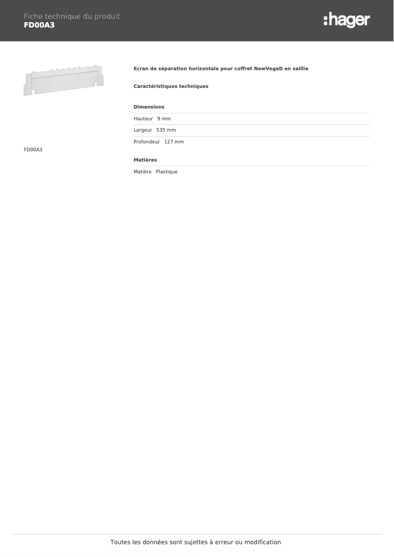 Page 1 de la notice Fiche technique Hager FD00A3