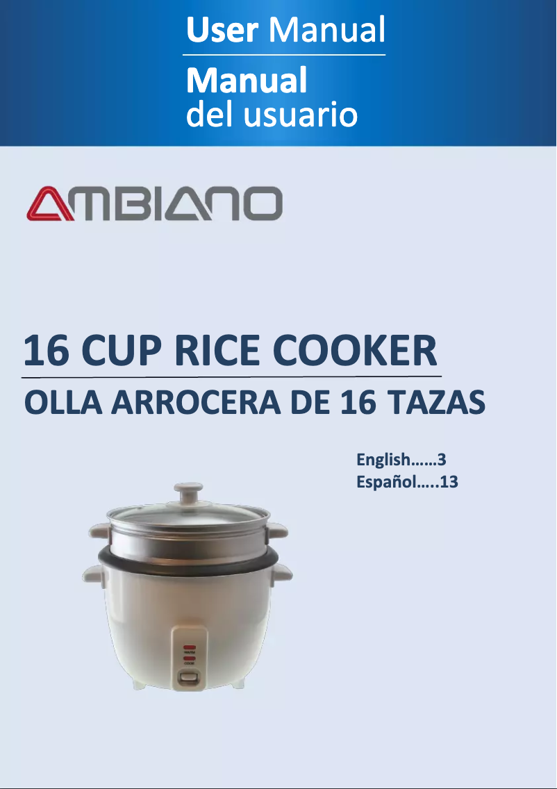 Page 1 de la notice Manuel utilisateur Ambiano 16 Cup Rice Cooker and Food Steamer RC15-G