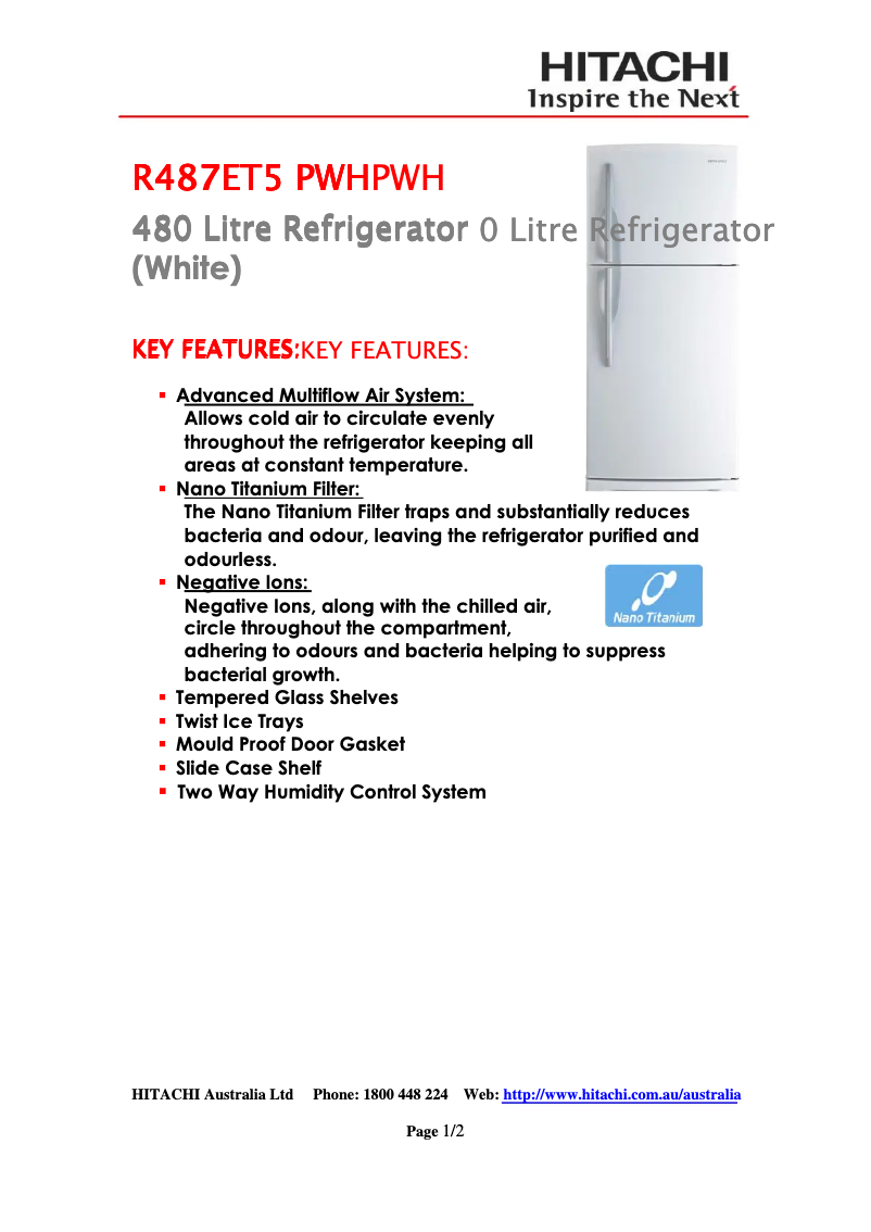 Page 1 de la notice Manuel utilisateur Hitachi R-487ET5 PWH