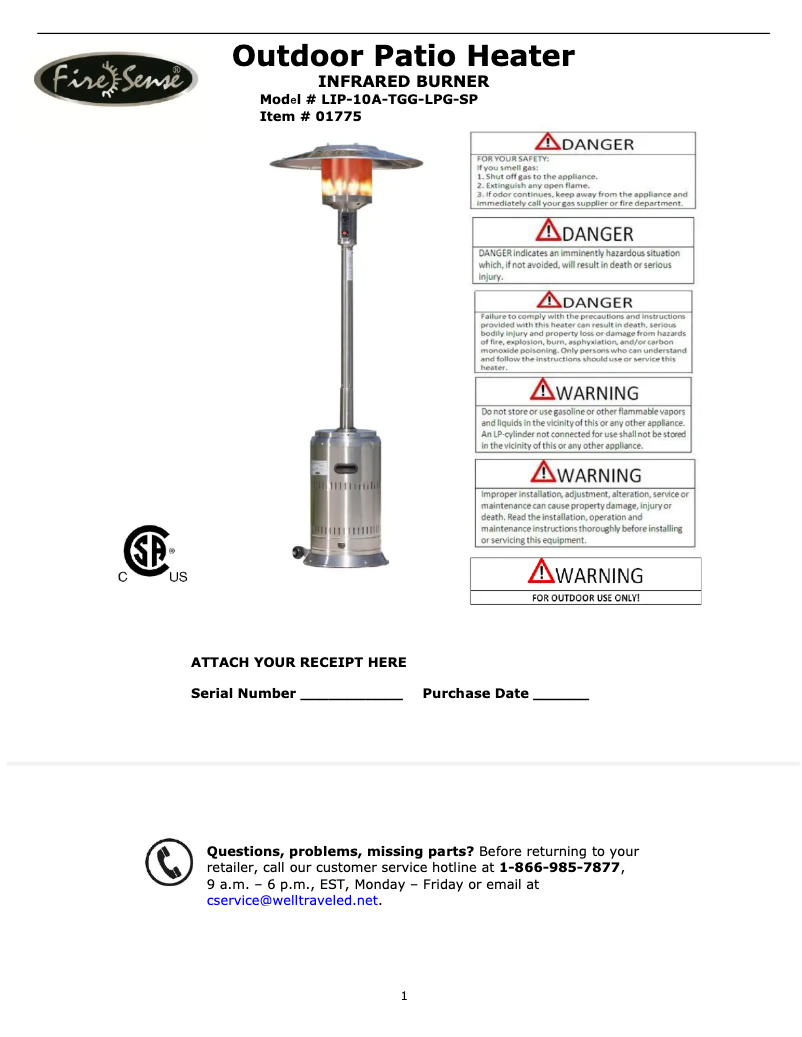 Page 1 de la notice Manuel utilisateur Fire Sense LIP-10A-TGG-LPG-SP