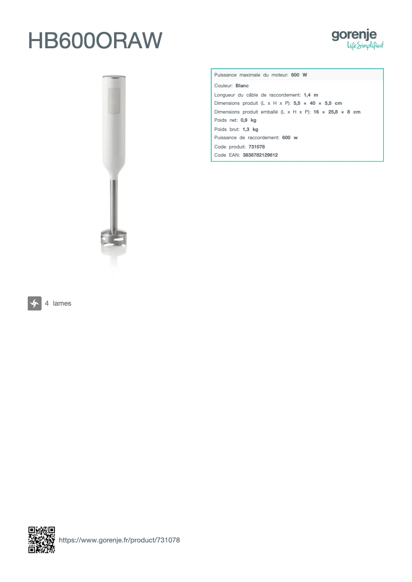 Page 1 de la notice Fiche technique Gorenje HB600ORAW