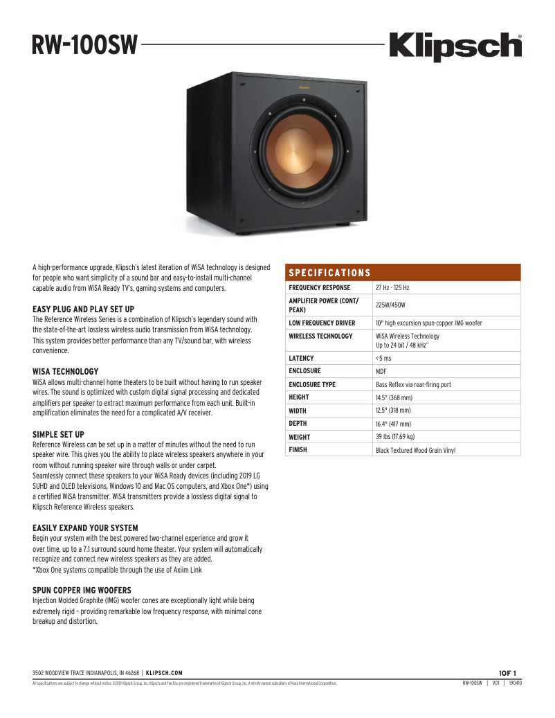 Page 1 de la notice Fiche technique Klipsch RW-100SW