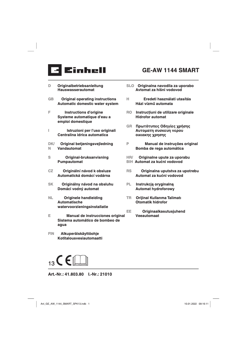 Page 1 de la notice Manuel utilisateur Einhell GE-AW 1144 SMART