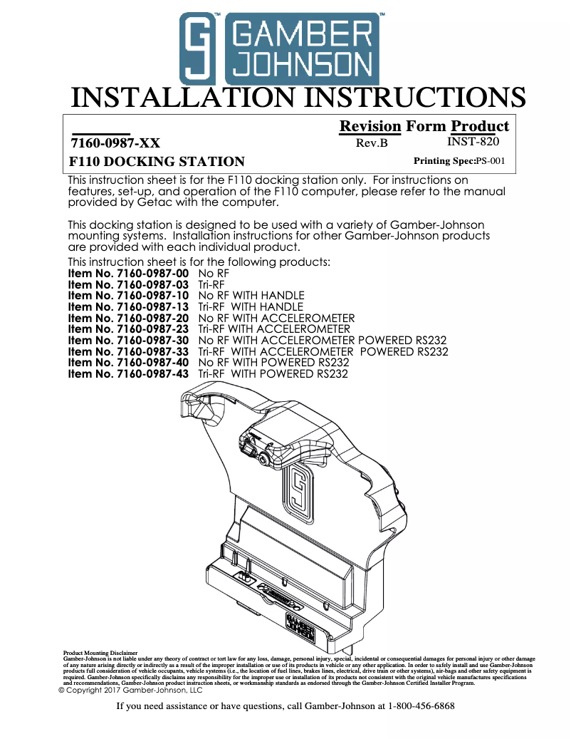 Page 1 de la notice Manuel utilisateur Gamber-Johnson 7160-1009-00