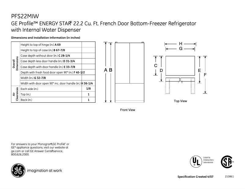 Page 1 de la notice Fiche technique GE Profile PFS22MIWWW