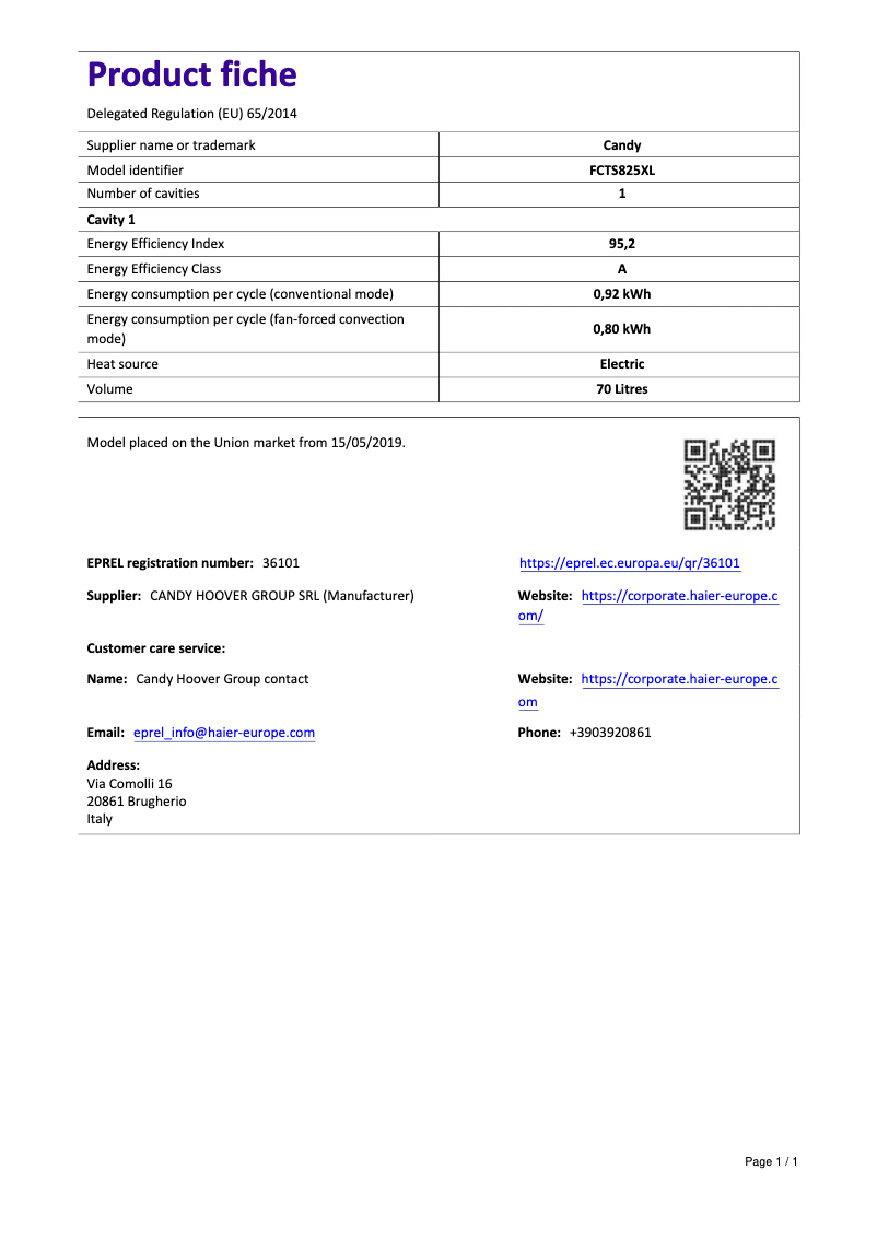 Page 1 de la notice Manuel utilisateur Candy FCTS825XL