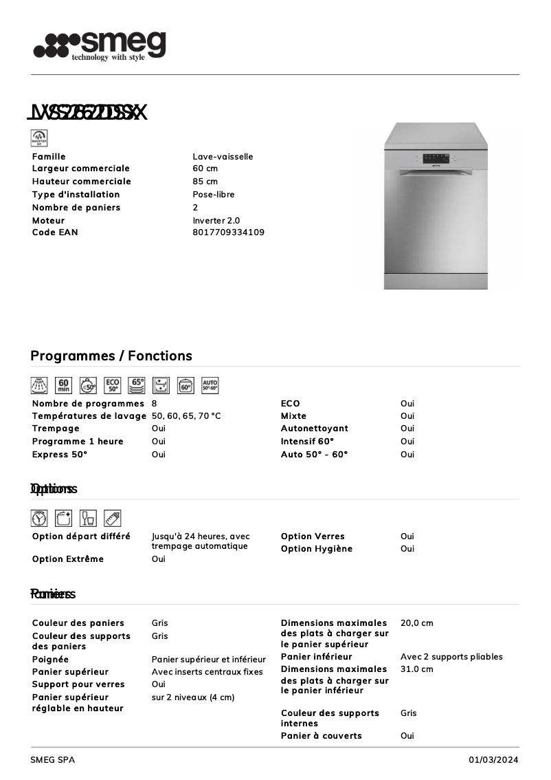 Page 1 de la notice Fiche technique Smeg LVS262DSX