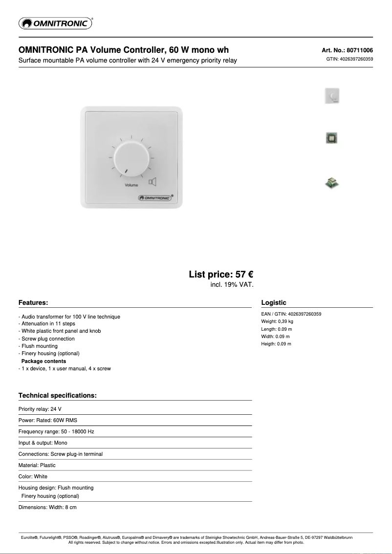 Image de la première page du manuel de l'appareil PA Volume Controller
