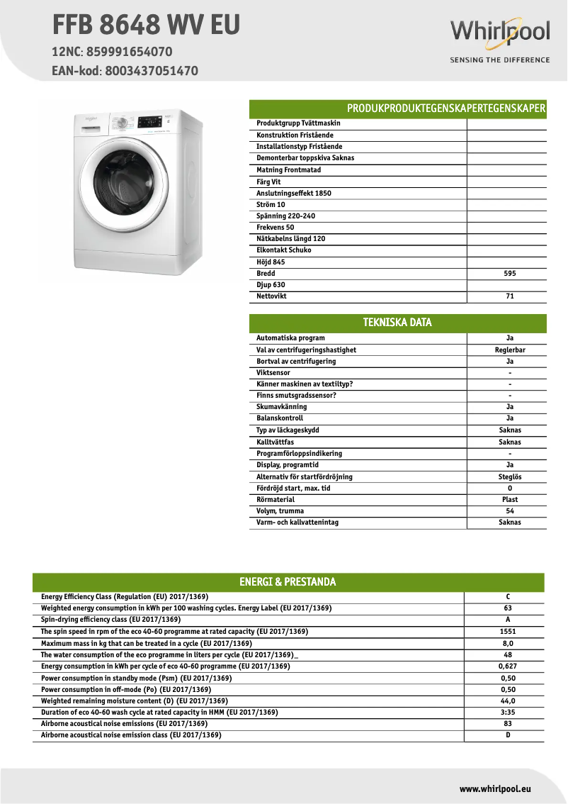 Página 1 del manual Ficha técnica Whirlpool FFB 8648 WV EU