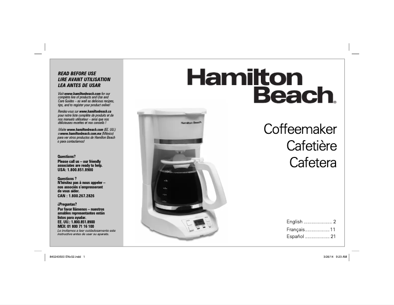 Page 1 de la notice Manuel utilisateur Hamilton Beach 43874-MX