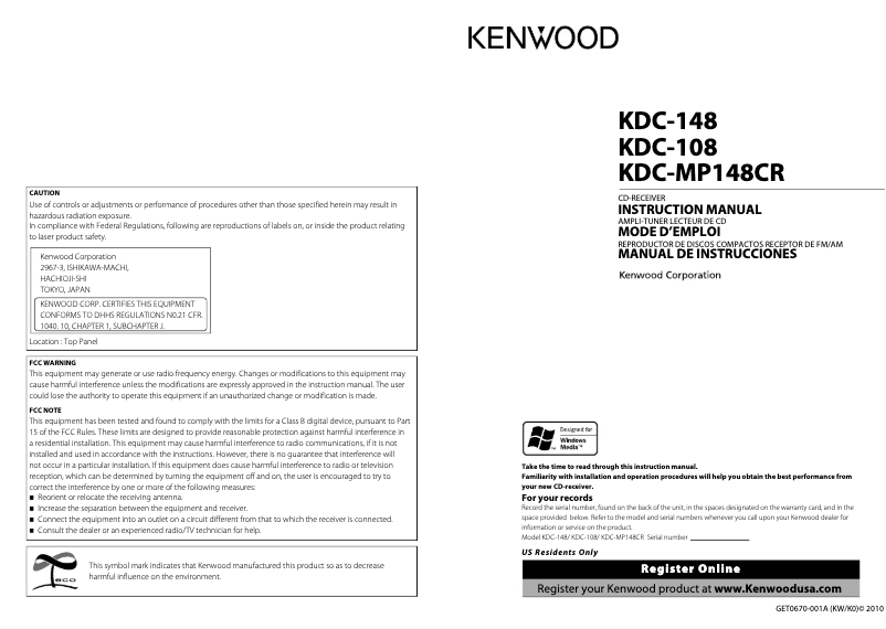 Page 1 de la notice Manuel utilisateur Kenwood KDC-148
