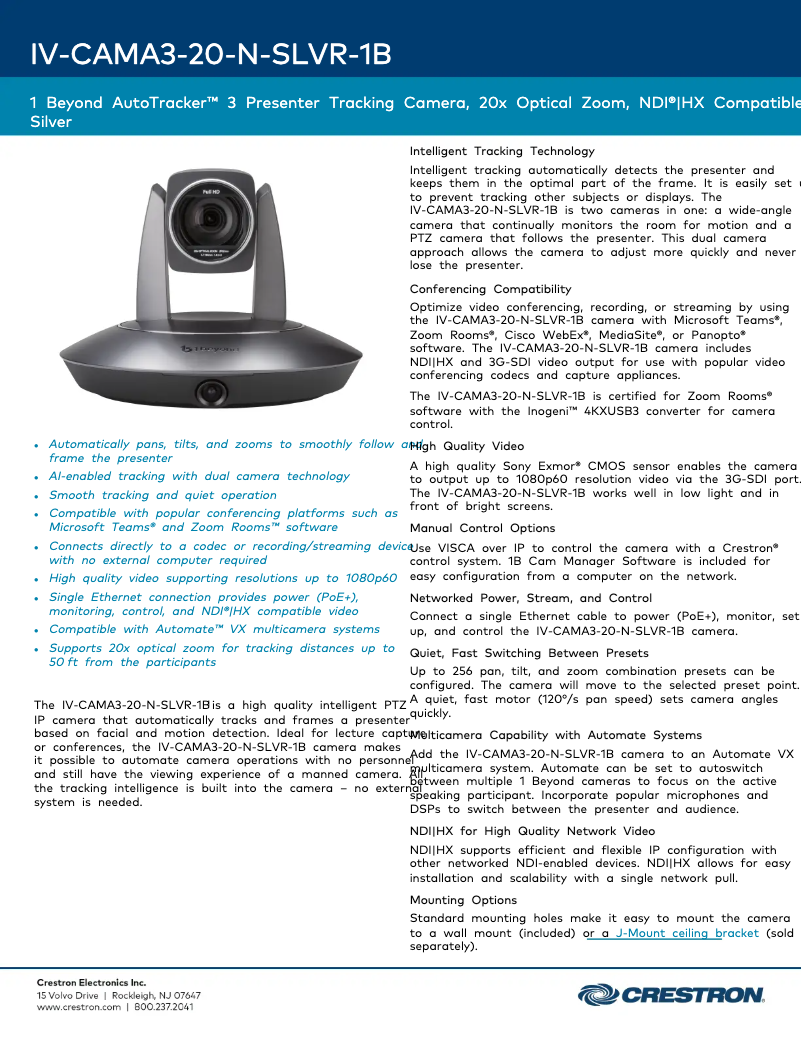 Página 1 del manual Ficha técnica Crestron IV-CAMA3-20-N-SLVR-1B