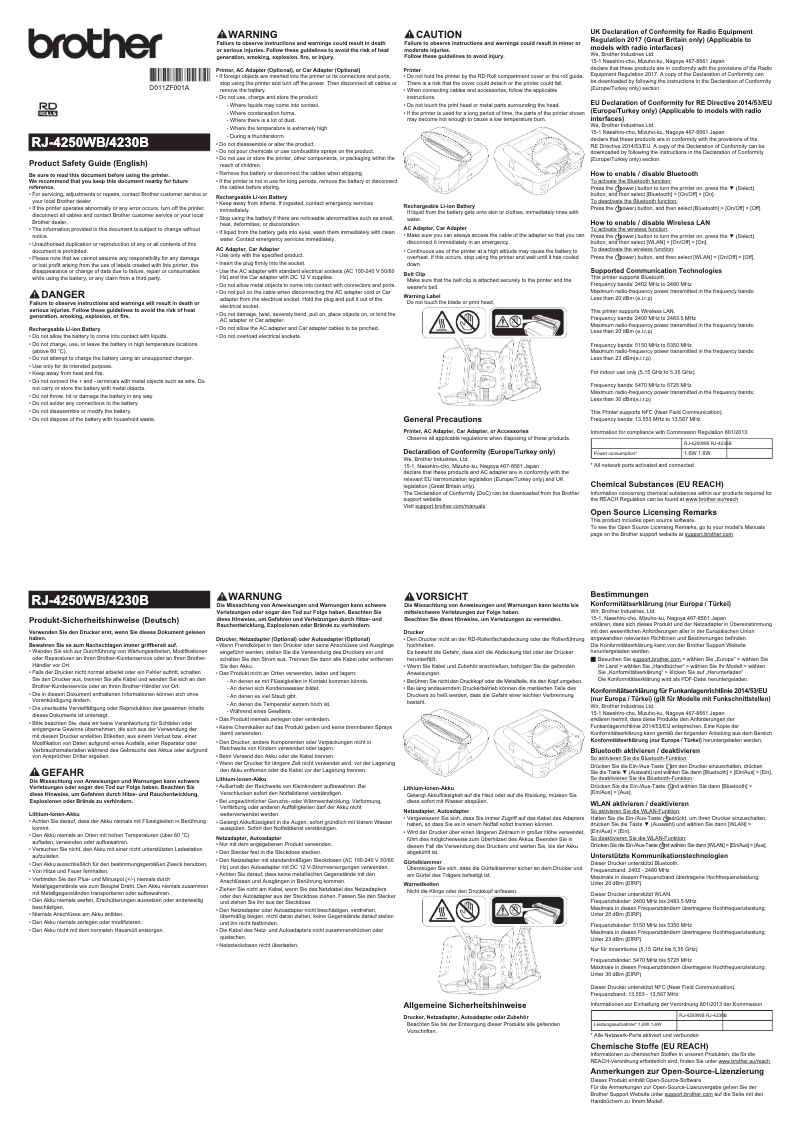 Page 1 de la notice Instructions de sécurité Brother RJ-4250WB