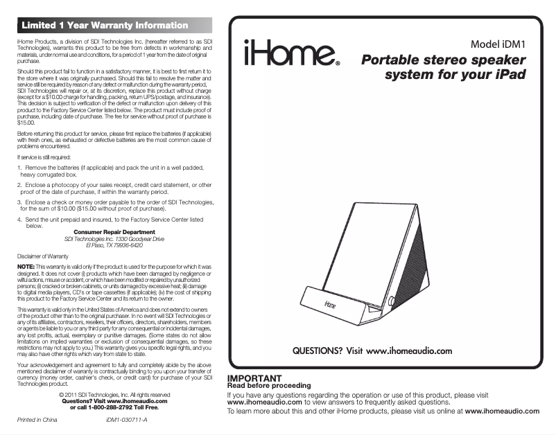 Imagen de la primera página del manual del dispositivo iDM1