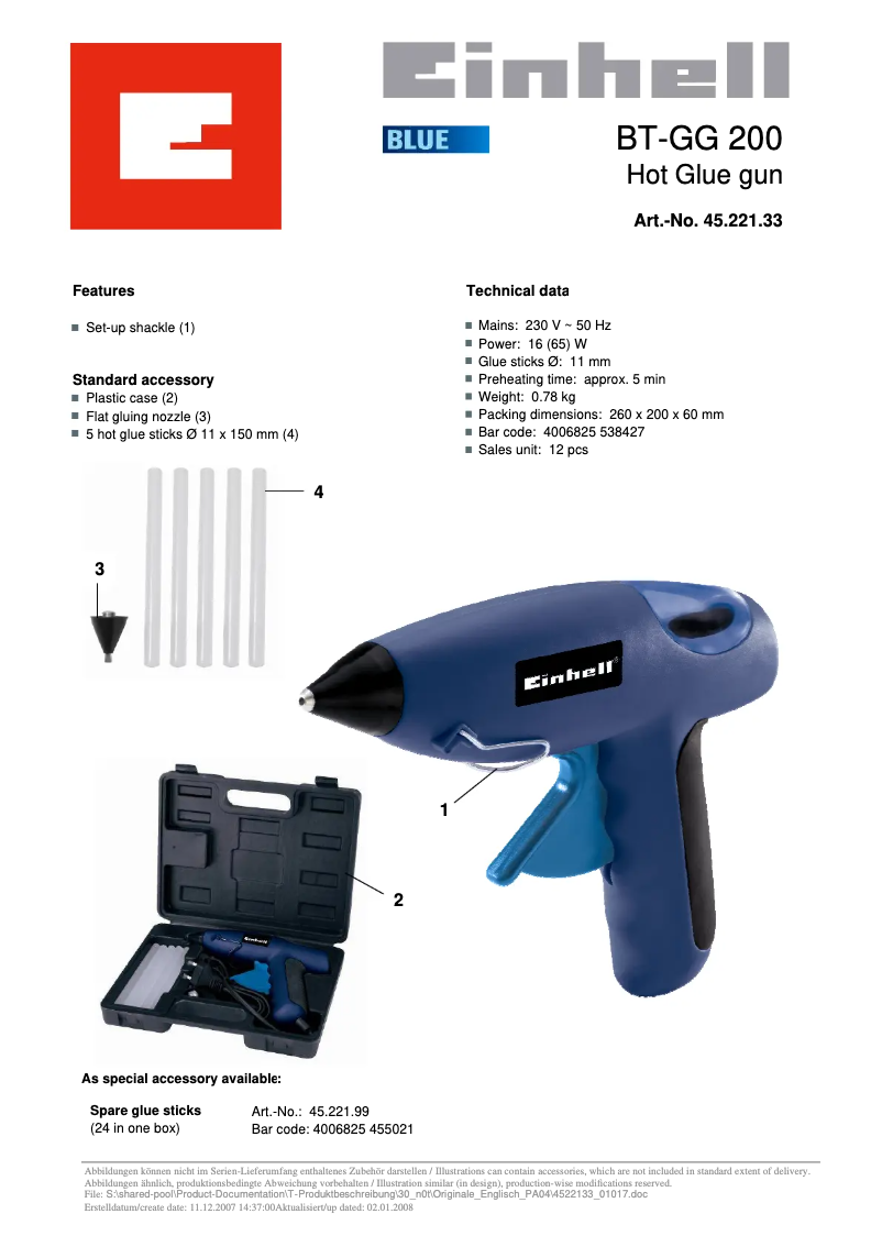 Page 1 de la notice Manuel utilisateur Einhell BT-GG 200