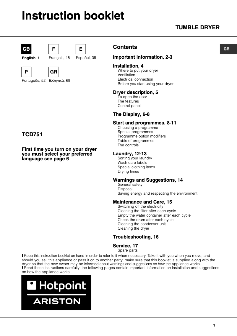 Page n°1 - Manuel utilisateur Hotpoint Ariston TCD751