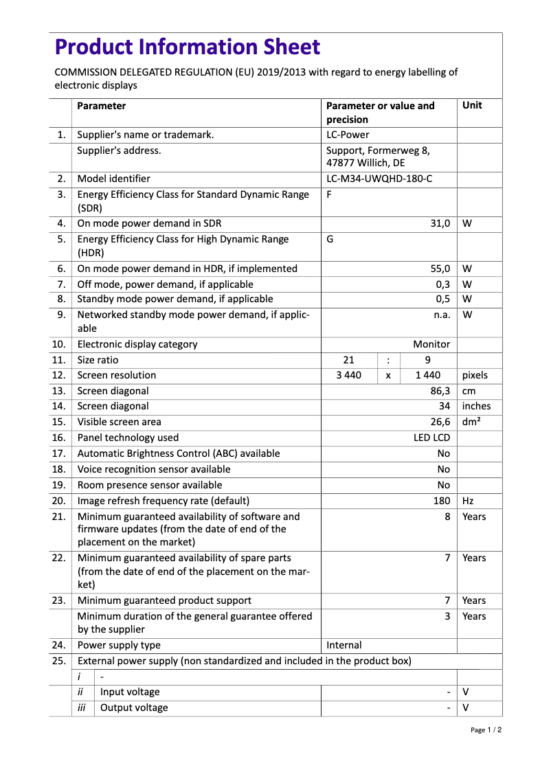 Page n°1 - Fiche technique LC-Power LC-M34-UWQHD-180-C
