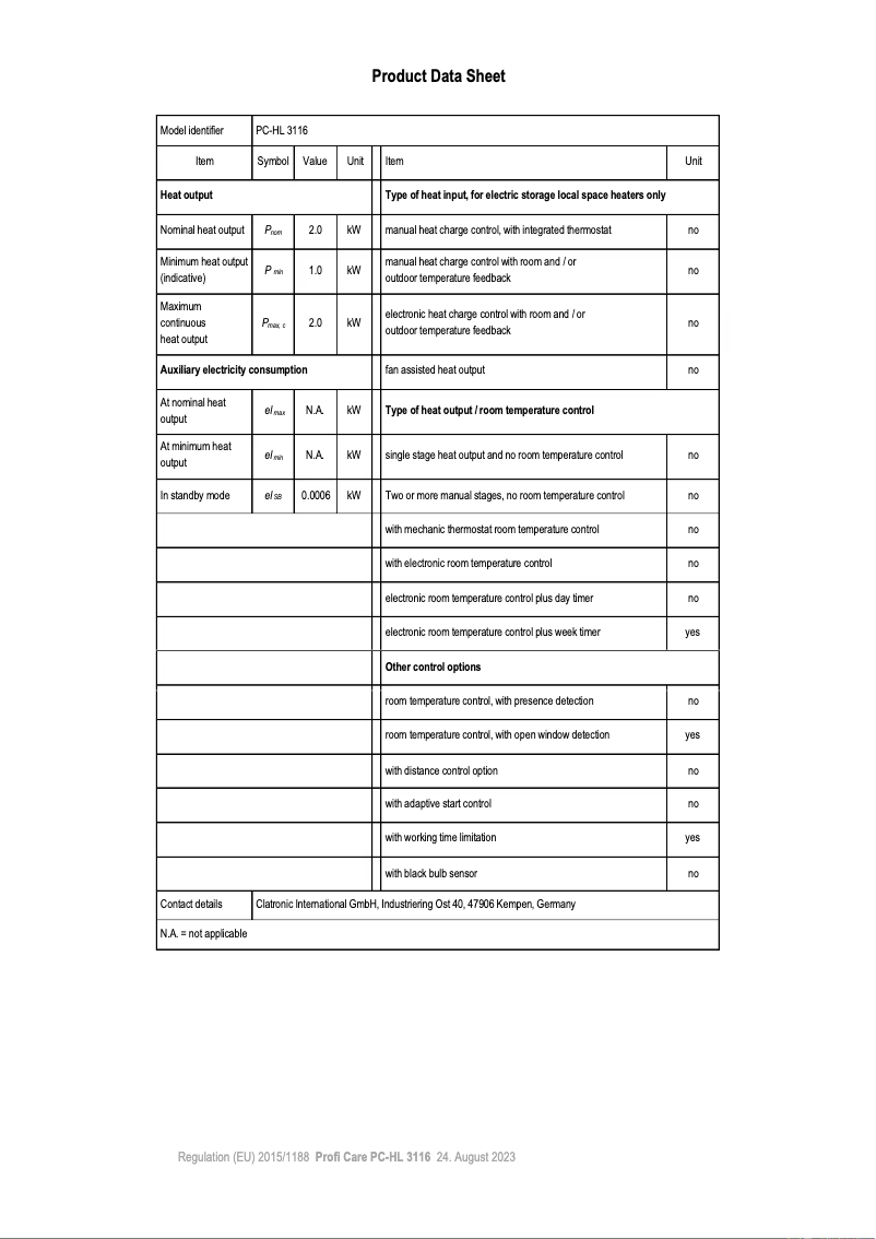 Page 1 de la notice Fiche technique ProfiCare PC-HL 3116
